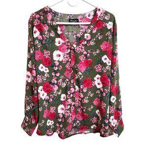 Jolie & Joy Long Sleeved Pullover Blouse V-Neck Button Cuff Green & Pink…